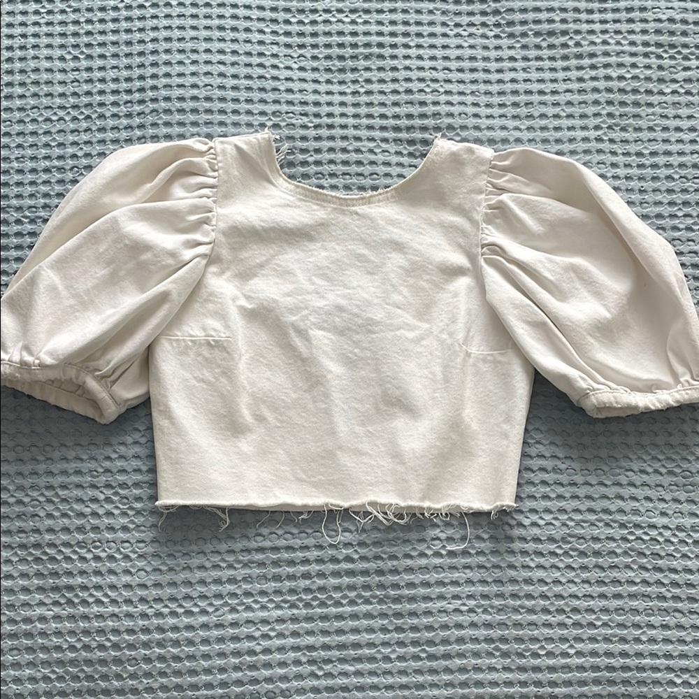 Zara White Puff Sleeve Crop Denim Top